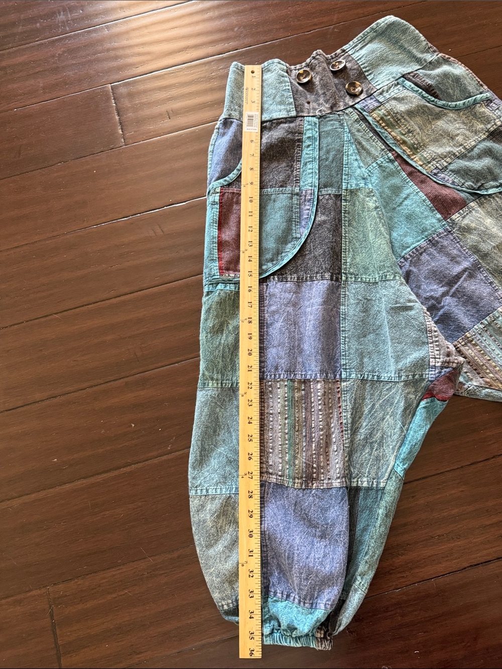 GOA Patchwork Boho Harem Pants in Teal Multi (missing one decorative button) - Picture 9 of 10